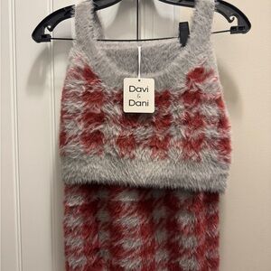 Davi & Dani Fuzzy Red and Gray Checkered 2 piece skirt set